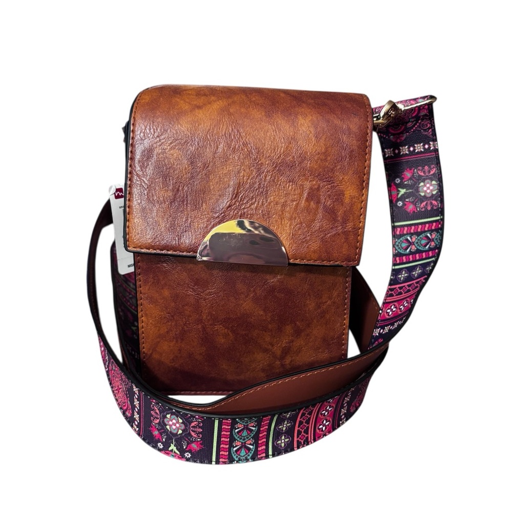 Mundi Brown Leather Crossbody Bag with Patterned Strap